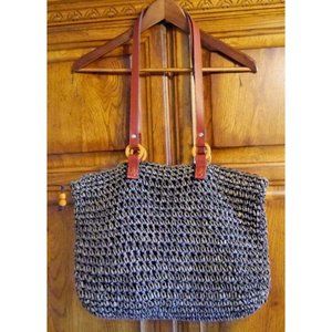 Vintage Straw Tote Boho Beach Foraging Gray  Waves by Tandem Bags Leather Straps